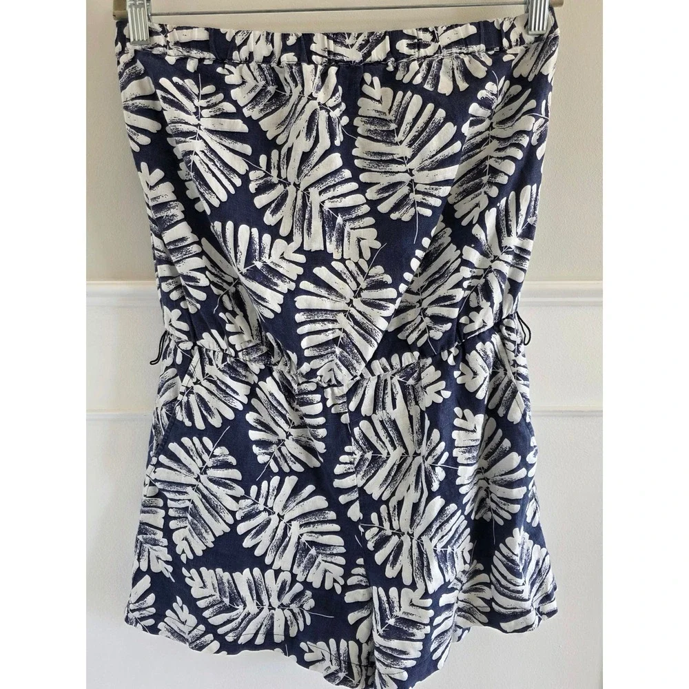 Banana‎ Republic Womens Navy White Tropical Palm Leaf Strapless Linen Romper 10